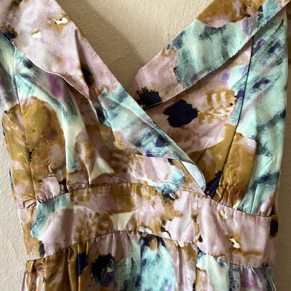 Theory Pastel Watercolor Floral 100% Silk Ruffle Tie Waist Dress 4 - Picture 5 of 14